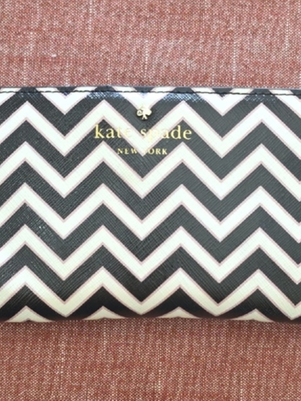 Kate Spade Black and White Chevron  Continental Zip Wallet with Gold Logo